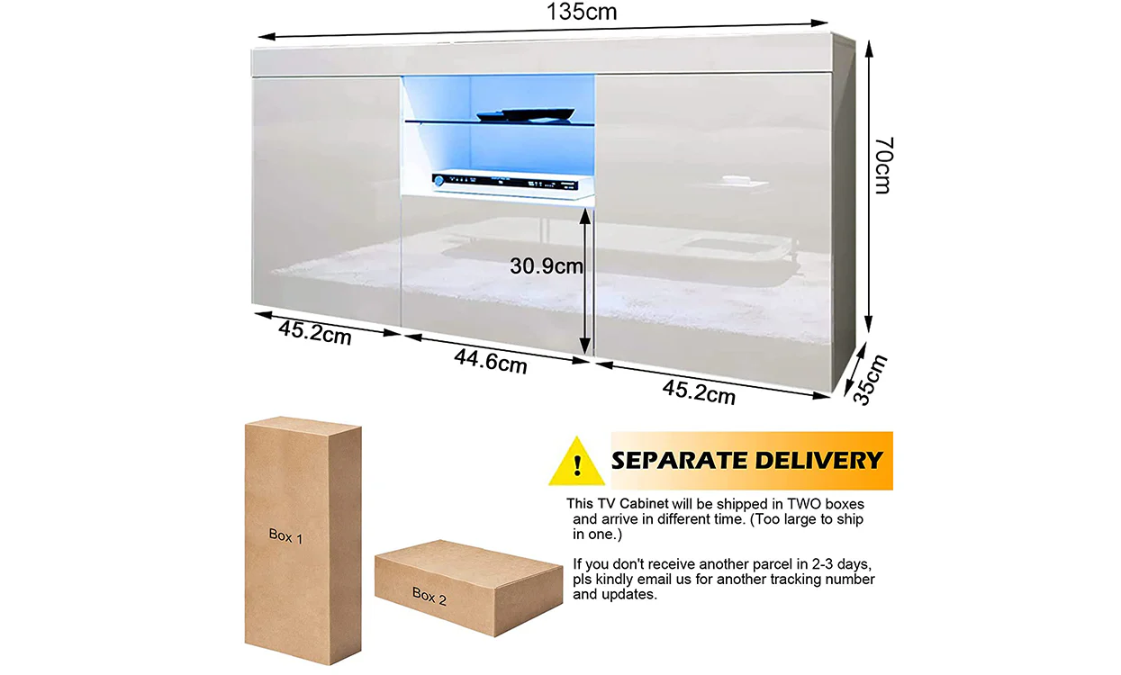 Dripex 135cm LED TV Cabinet, Modern High Gloss TV Stand with Ambient Lights & Storage, Entertainment Unit for 22''-55'' TVs, White - Image 4