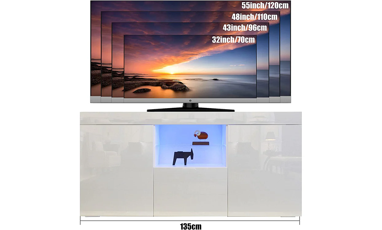 Dripex 135cm LED TV Cabinet, Modern High Gloss TV Stand with Ambient Lights & Storage, Entertainment Unit for 22''-55'' TVs, White - Image 5