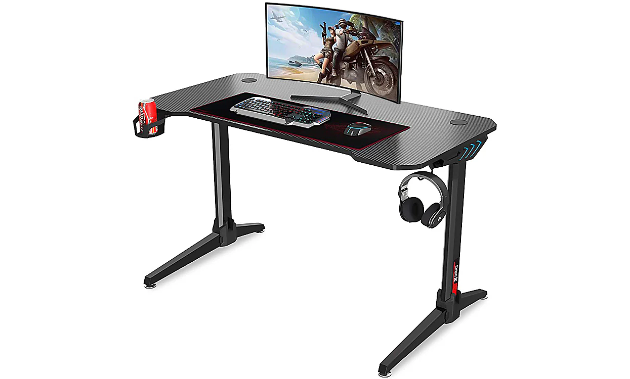 Dripex 44.5" Gaming Desk, T-Shaped Ergonomic Gaming Desk for PC with Cup Holder, Headphone Hook & Storage Basket, Black - Image 4