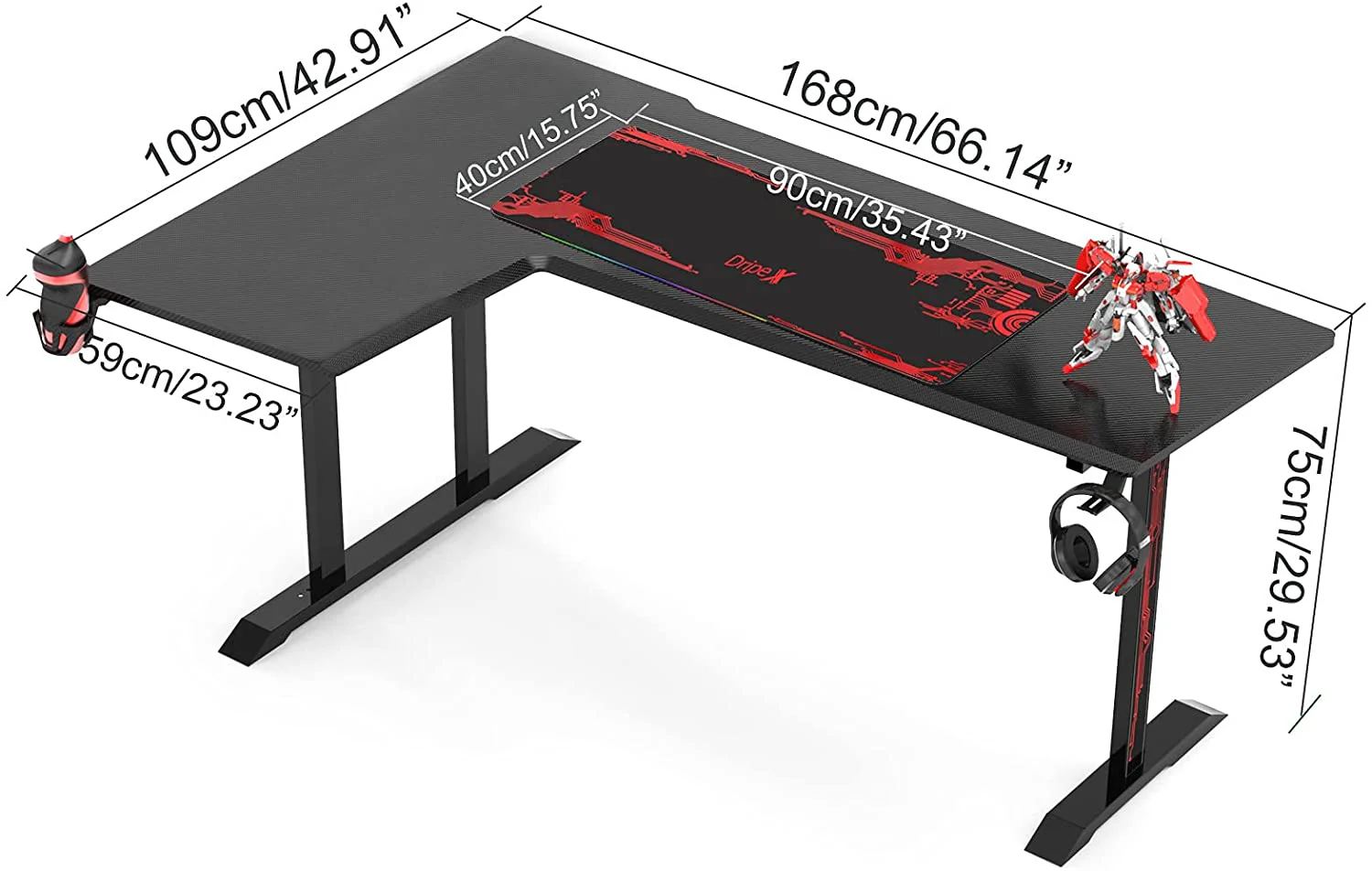 Dripex Ergonomic L Shape Computer Desk Large Carbon Fiber Desktop Surface - Image 5