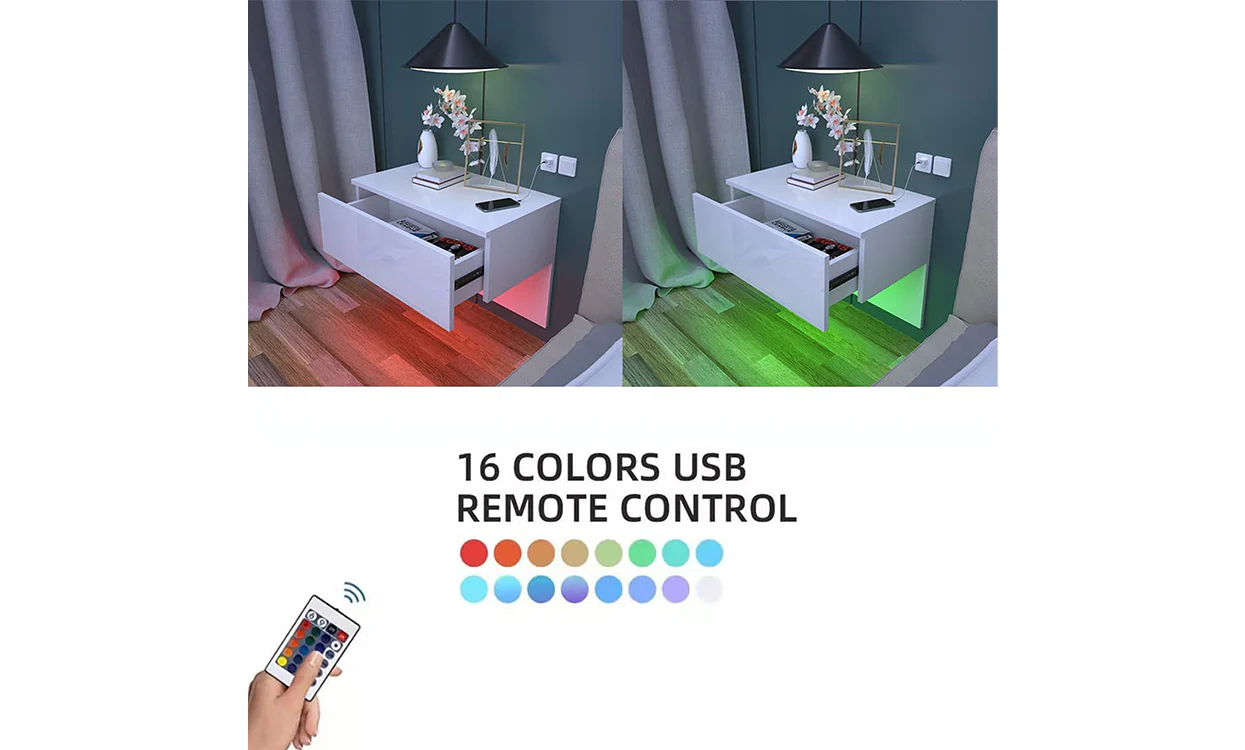 Dripex Floating Bedside Table with Drawer, Wall Mounted Bedside Cabinet with RGB LED Lights, High Gloss Cream White for Bedroom - Image 4