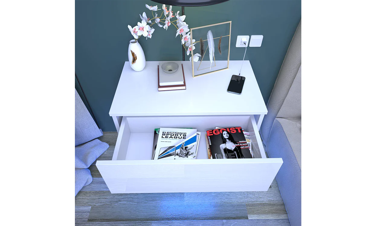 Dripex Floating Bedside Table with Drawer, Wall Mounted Bedside Cabinet with RGB LED Lights, High Gloss Cream White for Bedroom - Image 6