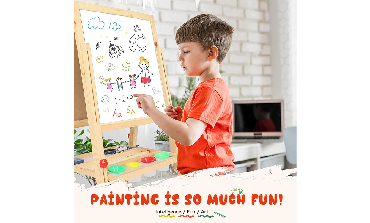Dripex Kid’s Wooden Art Easel, Double-Sided Height Adjustable Painting Blackboard with Magnetic Accessories Chalk and Sponge - Image 3