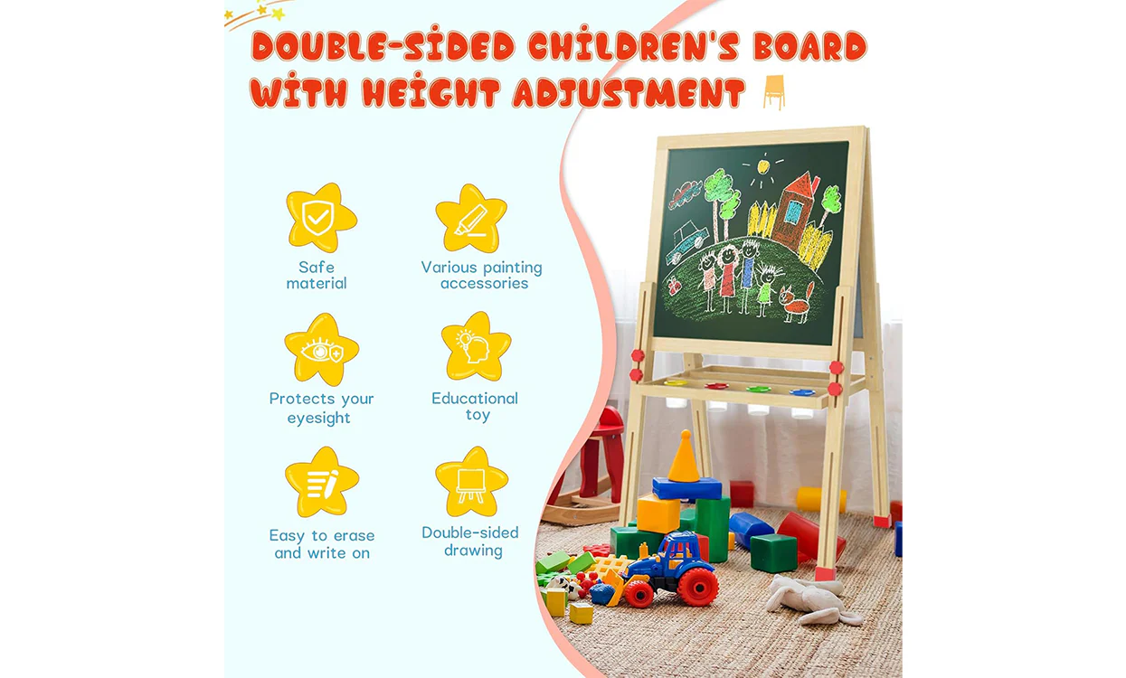 Dripex Kid’s Wooden Art Easel, Double-Sided Height Adjustable Painting Blackboard with Magnetic Accessories Chalk and Sponge - Image 4