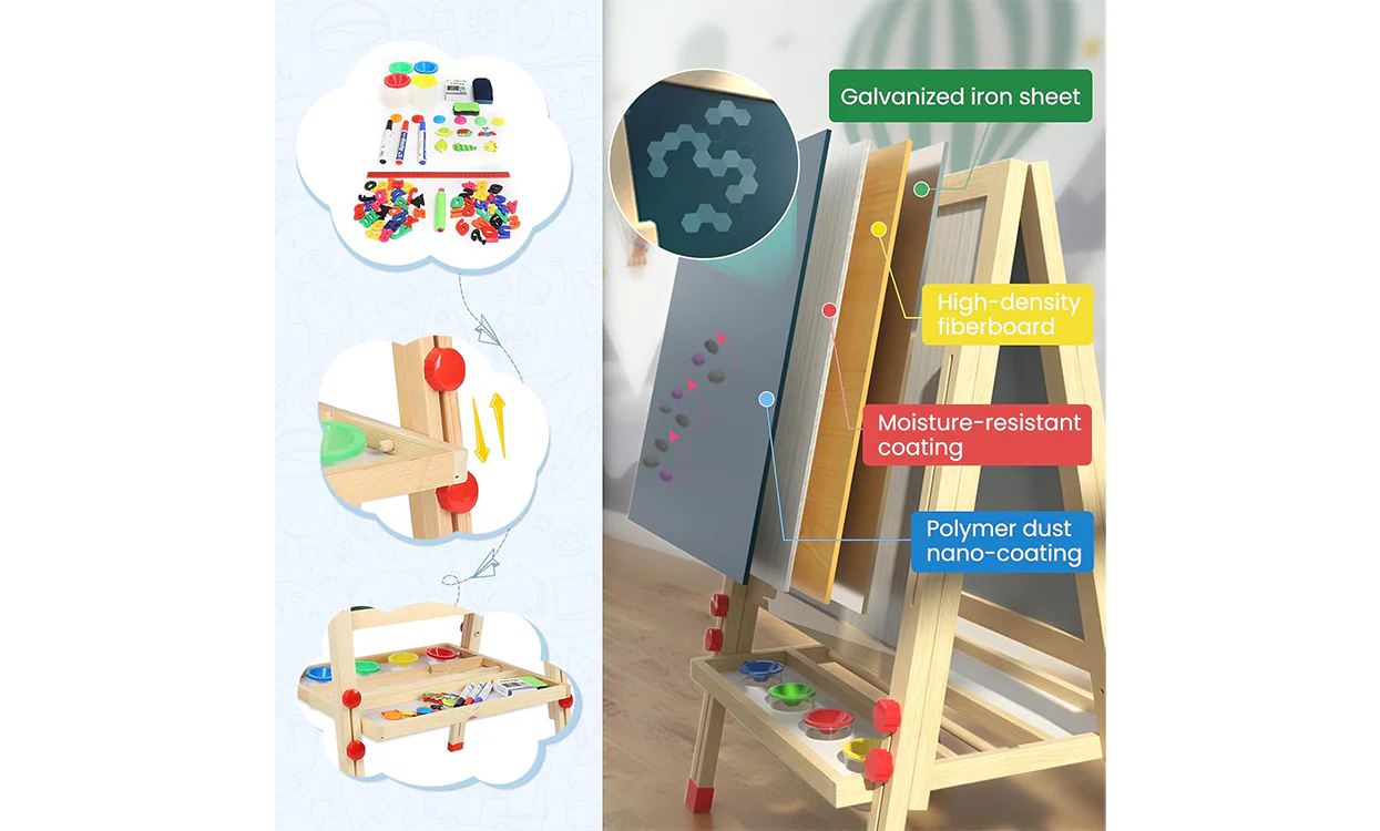 Dripex Kid’s Wooden Art Easel, Double-Sided Height Adjustable Painting Blackboard with Magnetic Accessories Chalk and Sponge - Image 5