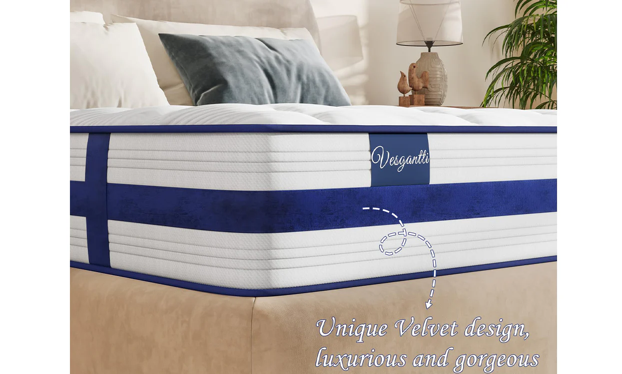 Vesgantti 10.2 Inch Blue Velvet Mattress Cooling Memory Foam Top, Medium Firm with Enhanced Edge Support - Image 4