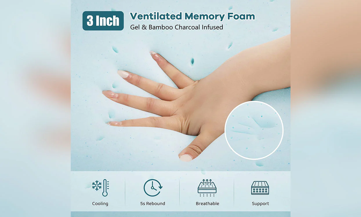 Vesgantti Memory Foam Topper Gel & Bamboo for Cooling Sleep & Pressure Relieving - Image 7