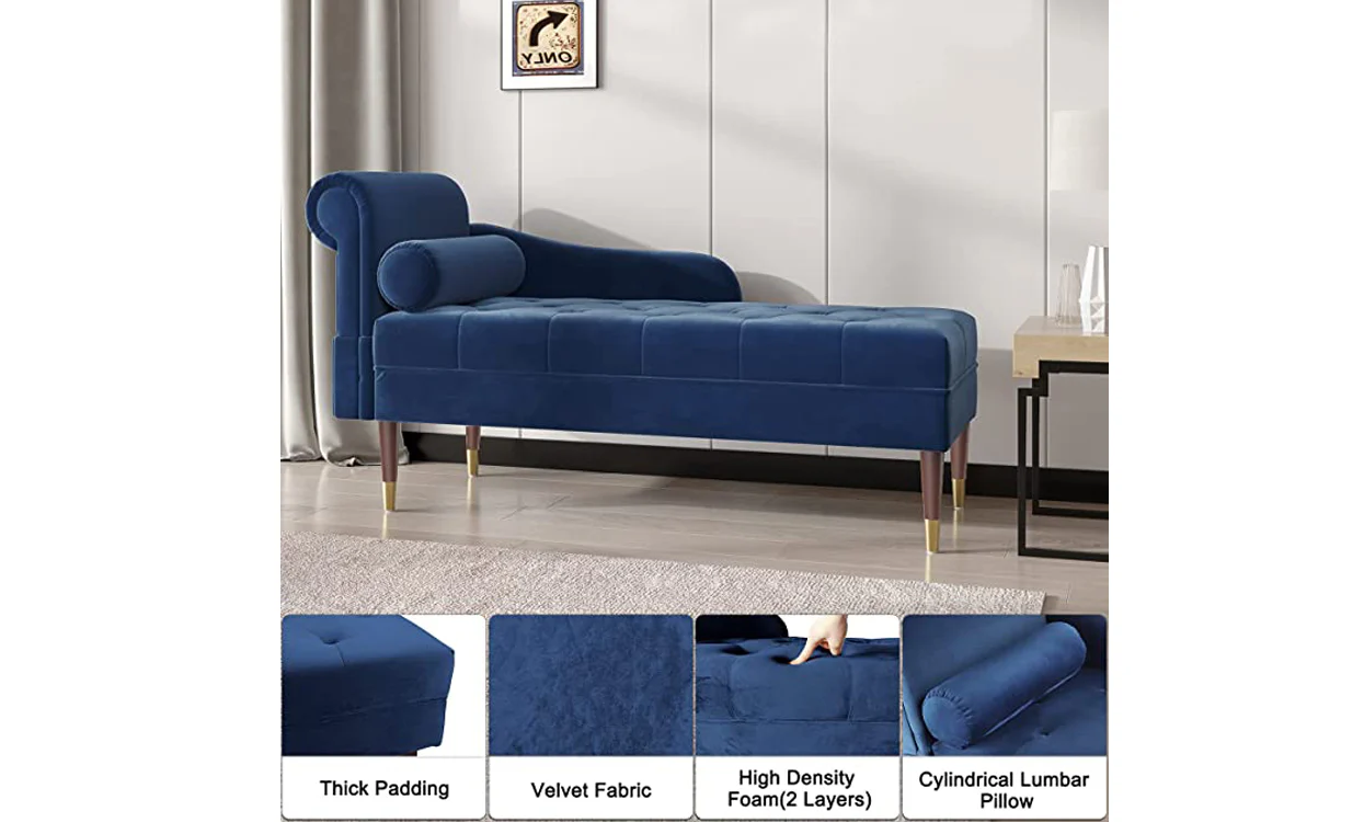 Vesgantti Velvet Chaise Longue, Indoor Lounge Sofa with Left/Right Armrest and Lumbar Pillow, Upholstered Chaise Lounge for Living Room Bedroom and Office, Tool-free Assembly - Image 9