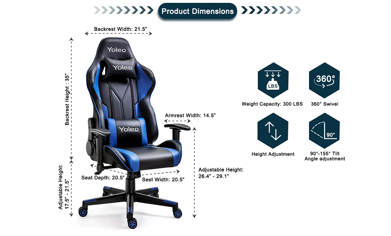 Yoleo/Bigzzia PC & Racing Game Chair-155 degree - Image 4