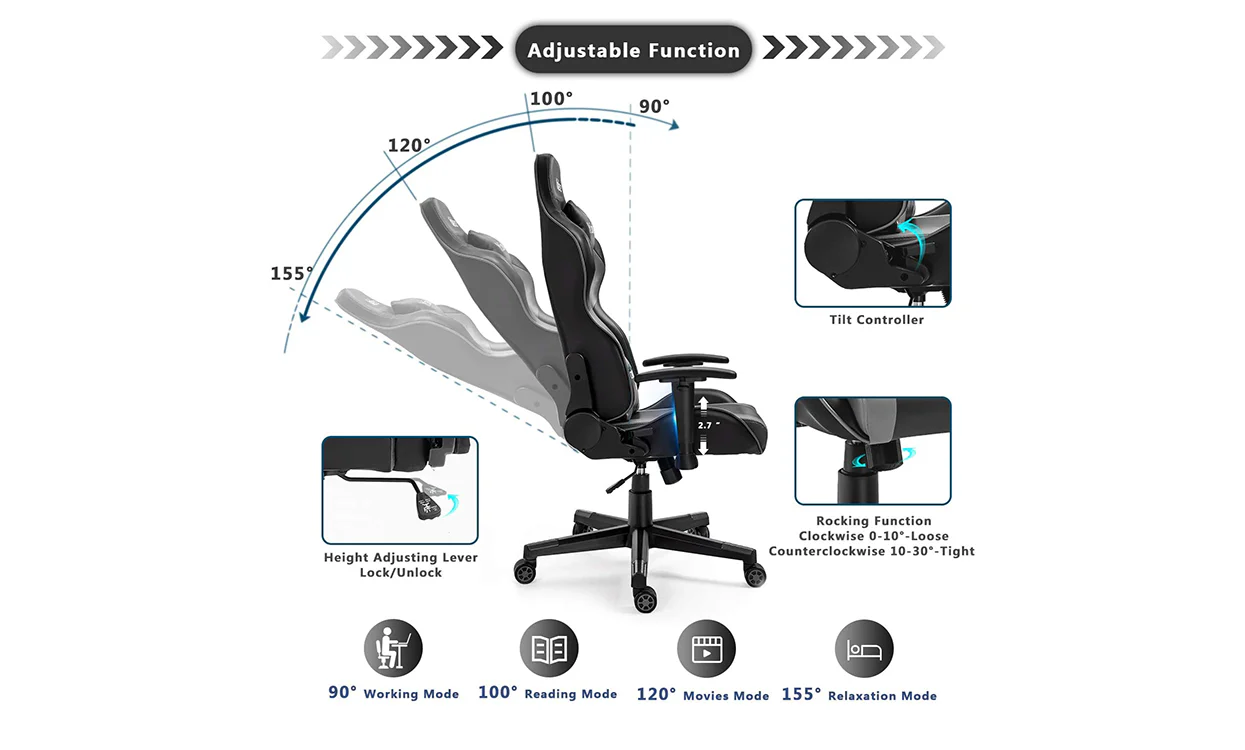 Yoleo/Bigzzia  PC & Racing Game Chair-155 Degree-Black - Image 3
