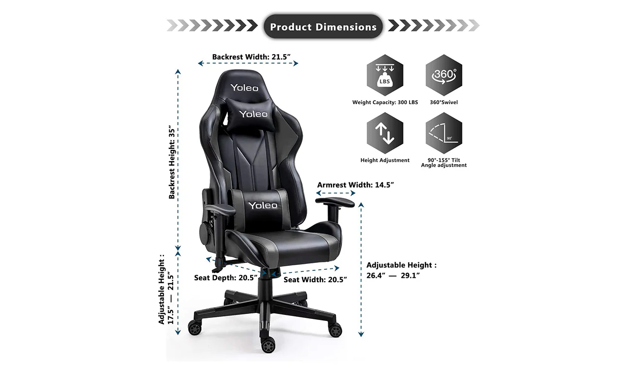 Yoleo/Bigzzia  PC & Racing Game Chair-155 Degree-Black - Image 5